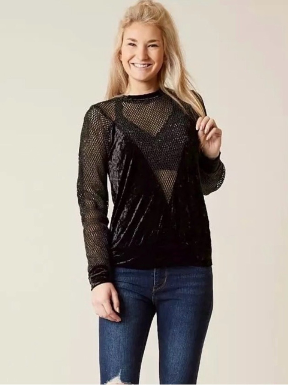 Gilded Intent Black Velvet & Mesh Long-Sleeve Top size Large from the Buckle